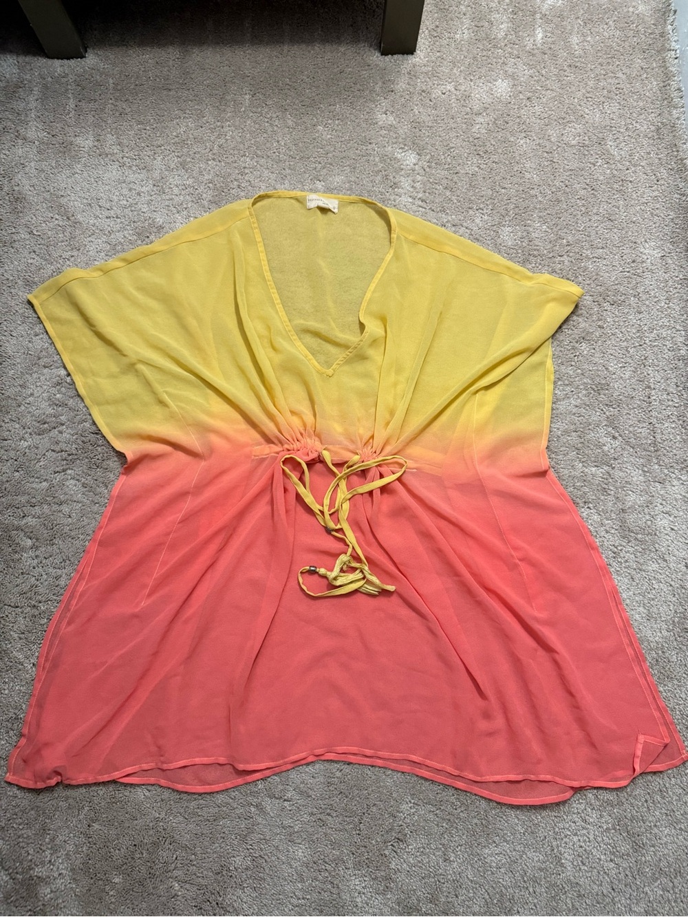 Yellow to Coral Ombre V-Neck Beach Cover-Up
